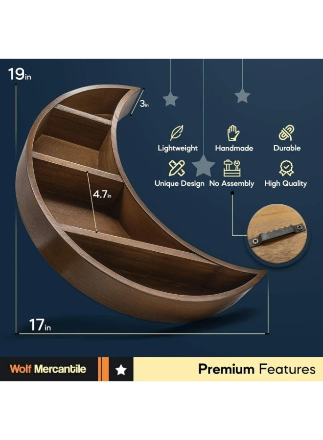 Wolf Handcrafted Wooden Crescent Moon Floating Shelf - 19x17 Large Wall Decor - Natural Wood Tone Display for Crystals, Nursery & Modern Rustic Homes - Ramadan & Eid Special Edition - Image 1